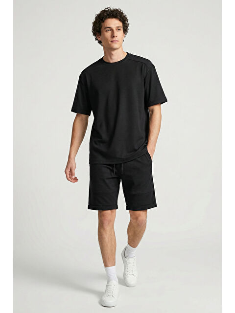Tommylife Siyah Oversize Fit Yumuşak Dokulu Basic Erkek Şort Takım - 85274