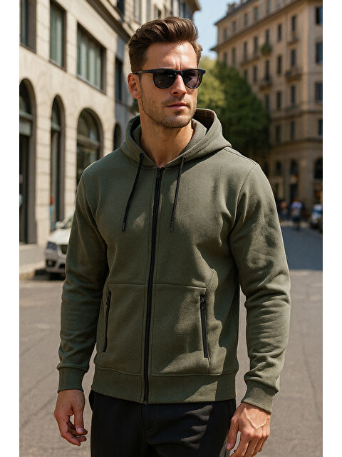 Remsa Erkek Kapüşonlu Tek Üst Fermuarlı Sweatshirt REU-25723 Haki - S000480248-18547