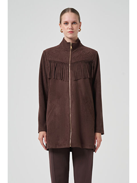 Nuss Püskül ve İşlemen Detay Süet Ceket 6028 Kahverengi - S000467637-19413