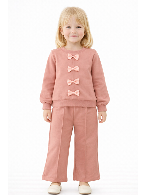 Zepkids Bisiklet Yaka Fiyonk Detaylı Gül Kurusu Renk Kız Çocuk Eşofman Takım - S000502486-20028
