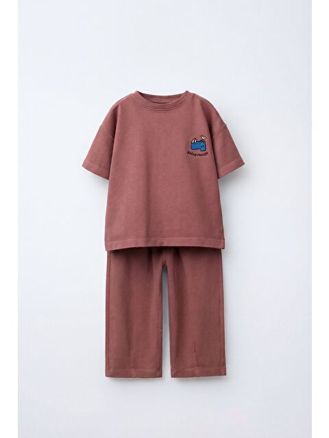 Magu Unisex Çocuk Pamuklu Nakış Detaylı Tişört Eşofman Takım