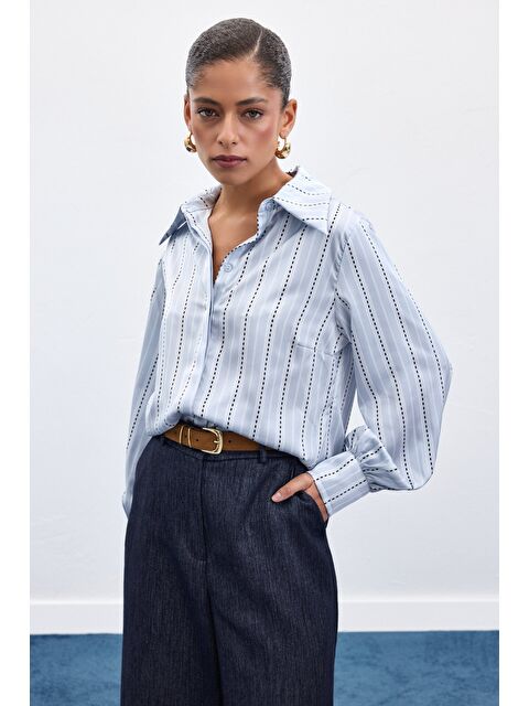 SATEEN Çizgili Gömlek - Bebe Mavi - S000503931-3642