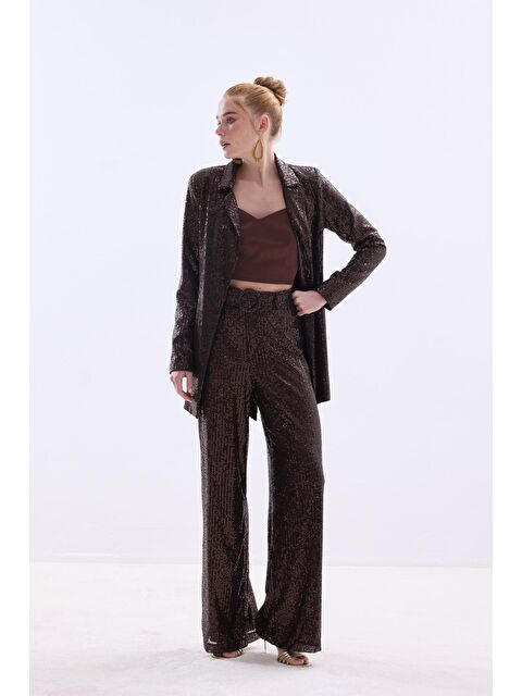 SATEEN Kemerli Payet Pantolon - Kahve - S000323730-19413
