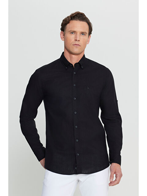 Altınyıldız Classics Erkek Siyah %100 Keten Comfort Fit Rahat Kesim Düğmeli Yaka Gömlek