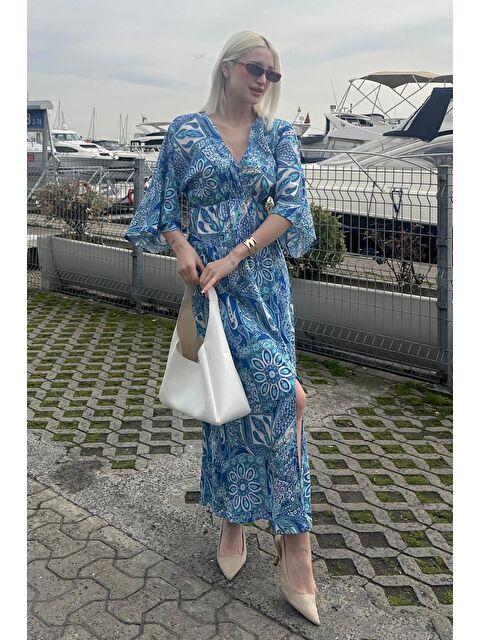 Madmext Saks Desenli Yırtmaç Detaylı Uzun Elbise Mg2325 - S000344451-23710