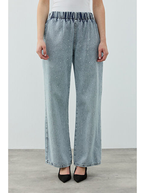 Remsa Taşlı Palazzo Denim Pantolon 1693 Koyu Mavi - S000523589-19393