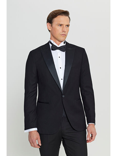 Altınyıldız Classics Erkek Siyah Slim Fit Kırlangıç Yaka Fleto Cepli Damatlık Smokin Takım