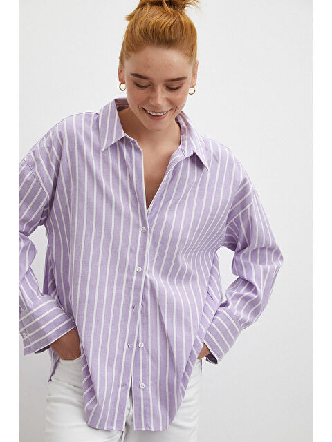 Never More Uzun Kollu Çizgili Gömlek Lila - S000491326-17878