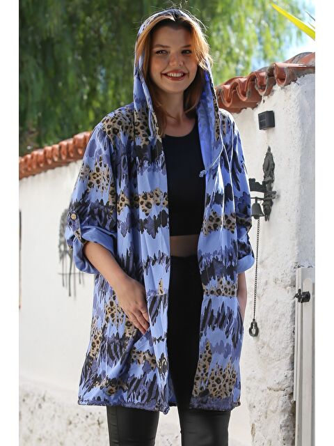 Chiccy İtalyan Lavanta Mavisi Kapüşonlu Düğmeli Uzun Kollu Leopar Desenli Cepli İnce Dokuma Ceket 88 72 - S000469105-14429