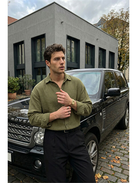 Livio Ferri Yurin Erkek Premium Müslin %100 Pamuk Oversize Uzun Kollu Gömlek - S000532006-18194