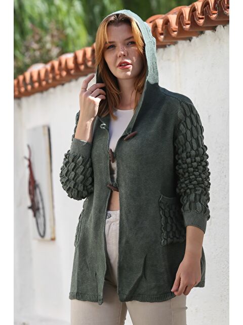 Chiccy Haki Kapüşonlu Uzun Kol Düğmeli Cepli Yıkamalı Casual Ajur Örgü Triko Ceket 82 72 - S000469107-18547