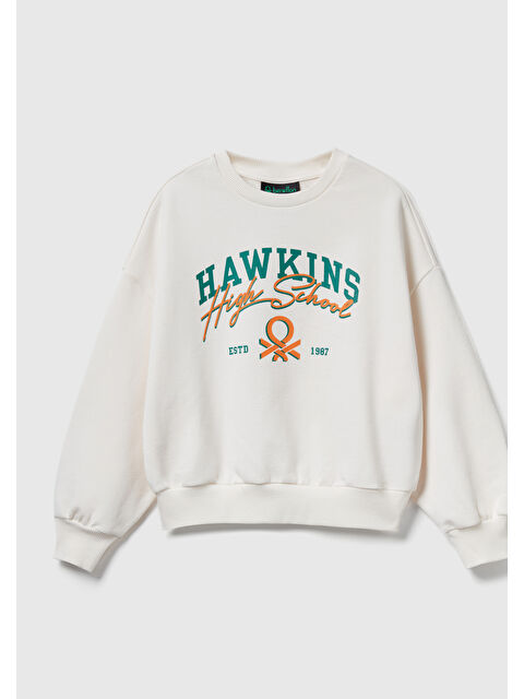 United Colors Of Benetton Kız Çocuk Krem %100 Pamuk Oversize Stranger Things Ön Baskılı Sweatshirt - S000487999-19966