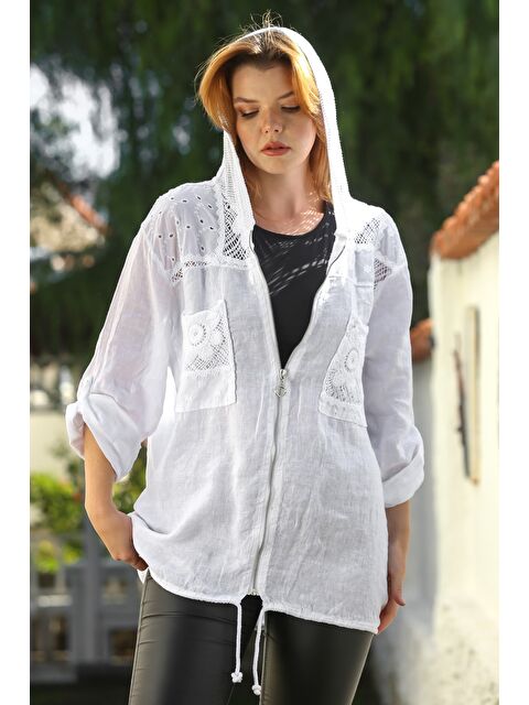 Chiccy İtalyan Beyaz Kapüşonlu Düğmeli Uzun Kollu Fermuarlı Cepli File Detaylı Keten Dokuma Ceket 75 65 - S000469106-20063