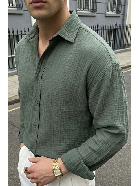 Livio Ferri Yurin Erkek Premium Müslin %100 Pamuk Oversize Uzun Kollu Gömlek - S000532006-1180