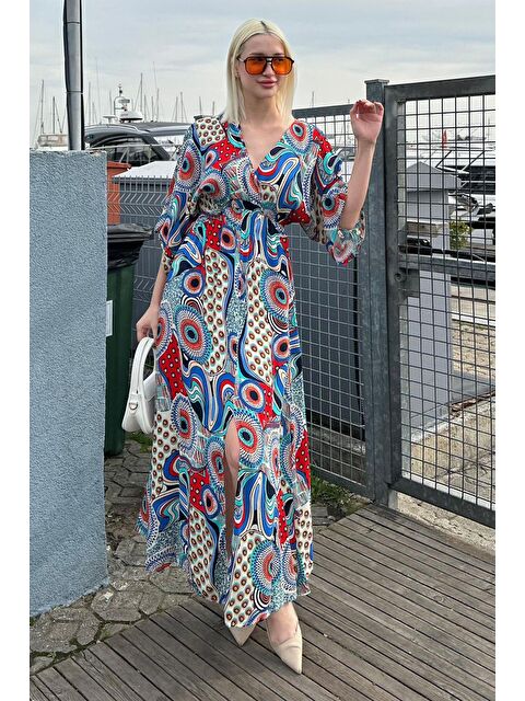 Madmext Turkuaz Desenli Yırtmaç Detaylı Uzun Elbise Mg2325 - S000344451-20055