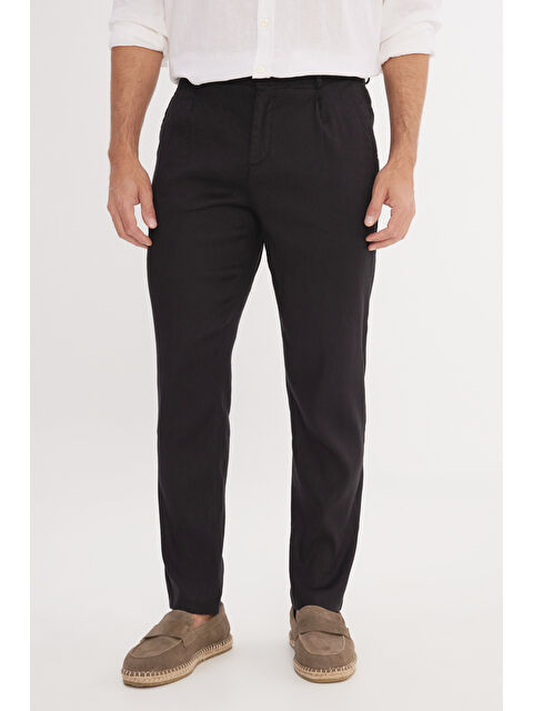 Altınyıldız Classics Erkek Siyah Keten Slim Fit Dar Kesim Beli Lastikli Yan Cepli Esnek Pantolon