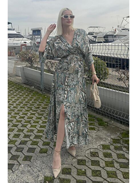 Madmext Mint Yeşili Desenli Yırtmaç Detaylı Uzun Elbise Mg2325 - S000344451-17259