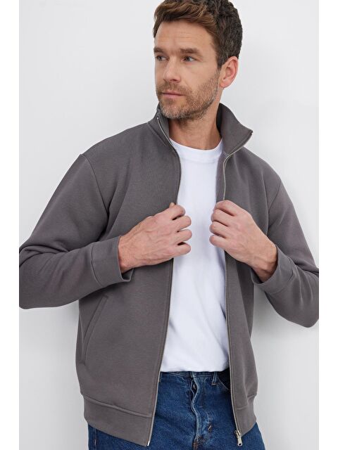 TUDORS Unisex Relax Fit Rahat Kesim Pamuklu 3 İplik İçi Polarlı Fermuarlı Cepli Gri Sweatshirt Hırka - S000494292-29351