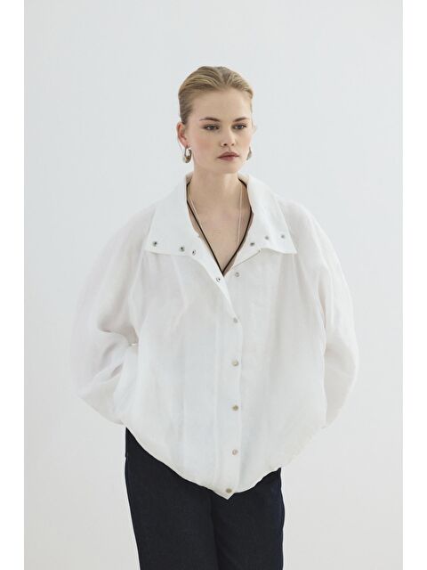 Kadriye Baştürk Dik Yaka Büzgülü Bomber Ceket Ekru - S000510761-19965