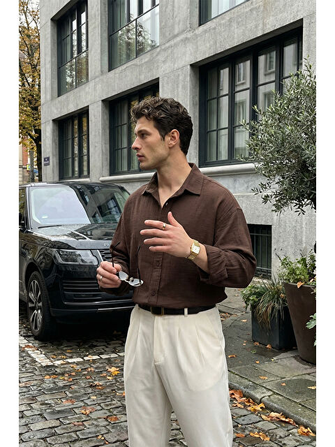 Livio Ferri Yurin Erkek Premium Müslin %100 Pamuk Oversize Uzun Kollu Gömlek