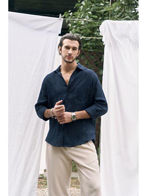 Bohemai Ombretta Lacivert Keten Oversize Erkek Gömlek - S000522409-21164