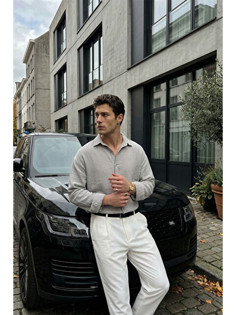 Livio Ferri Yurin Erkek Premium Müslin %100 Pamuk Oversize Uzun Kollu Gömlek - S000532006-17308