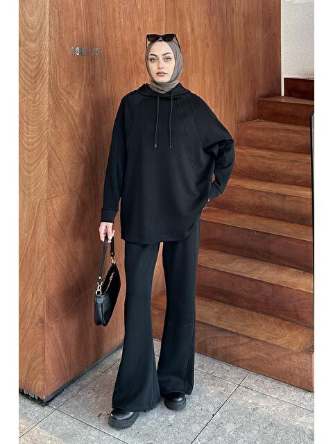 Lamelif Kapüşonlu Pantolonlu İkili Tesettür Takım Siyah