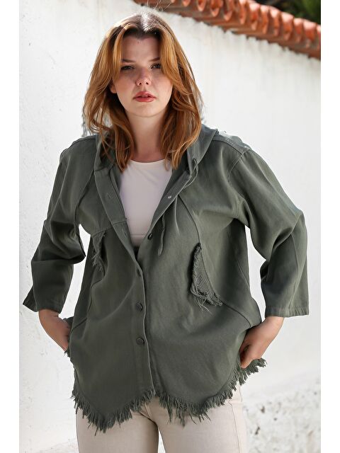 Chiccy Haki Kapüşonlu Uzun Kol File Detaylı Etek Ucu Püskül Kesimli Casual Gabardin Dokuma Ceket 64 65 - S000469108-18547