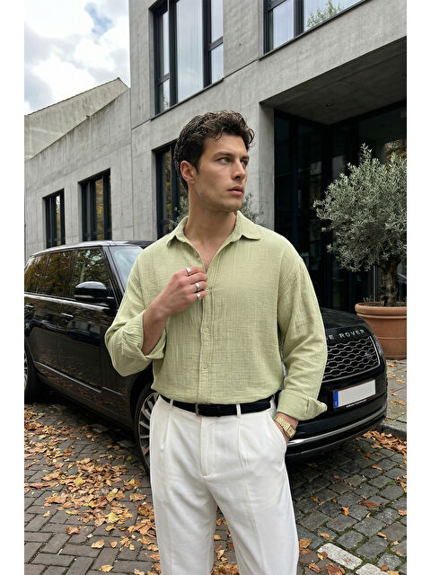 Livio Ferri Yurin Erkek Premium Müslin %100 Pamuk Oversize Uzun Kollu Gömlek