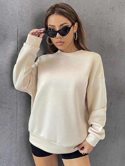 Trendseninle Kadın BeJ Baskısız Oversize Bisiklet Yaka Sweatshirt - S000439752-19928