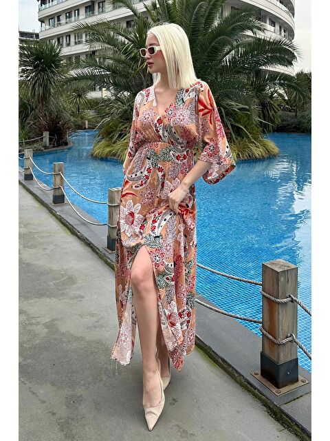Madmext Camel Desenli Yırtmaç Detaylı Uzun Elbise Mg2325 - S000344451-4557