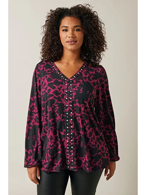 Stil Diva Büyük Beden V Yaka Uzun Kollu Taş Detaylı Desenli Bluz 615713 - S000458471-18686