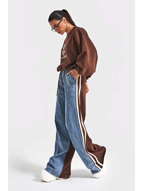 It's Basic Kadın Kahve Jean Rengi w5-16 Tasarım Sweatshirt Pantolon 2'li Kombin Takım - S000458476-19413
