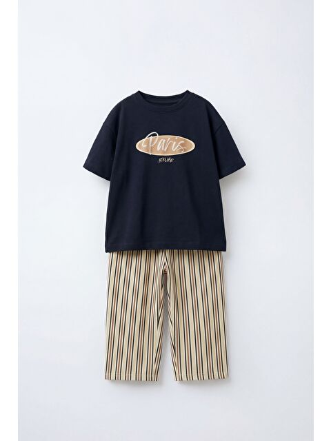 Magu Erkek Çocuk Pamuklu Lacivert Paris Baskılı Tişört Çizgili Eşofman Takım