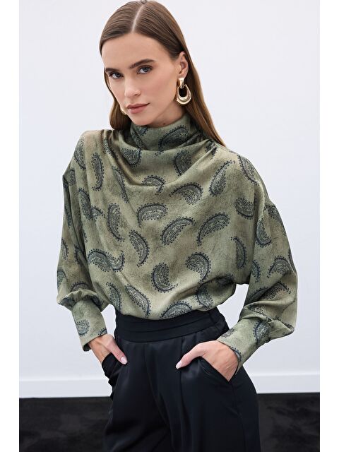 SATEEN Degaje Yaka Desenli Bluz - Haki - S000488076-18547