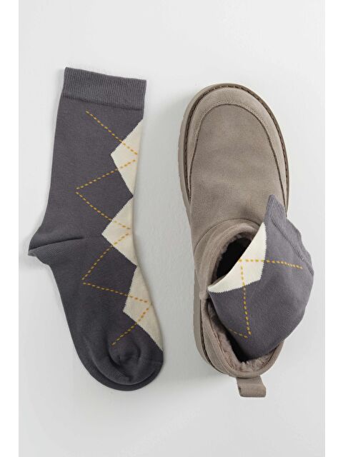 HE-QA Baklava Desen Soket Çorap Gri-Ekru - S000495964-20600