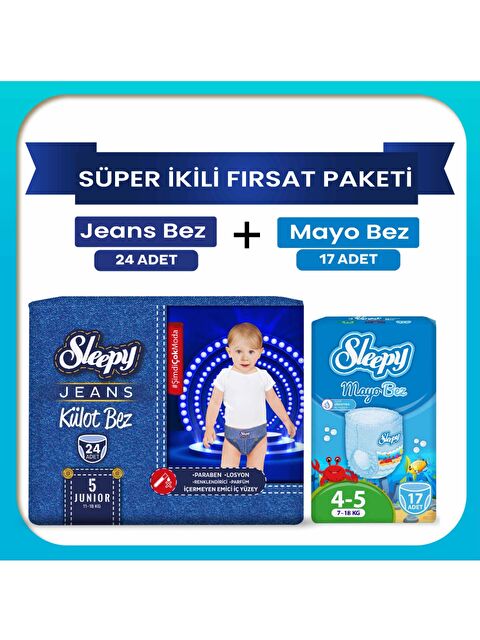Sleepy Süper ikili Fırsat Paketi(Jeans Külot Bez 5 Numara 24 Adet + Mayo Külot Bez 5 Numara 17 Adet) - S000399489-10231