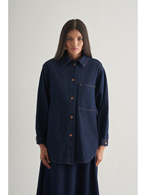 Mizalle Oversize Düğmeli Lacivert Denim Tunik - S000418802-21164