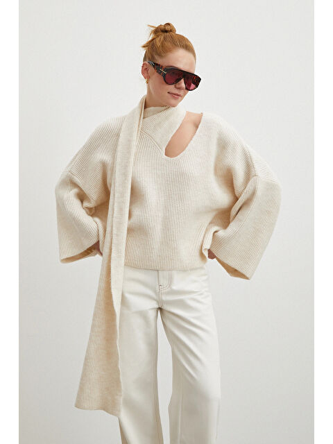 Never More Fitilli Şal Yaka Kazak Ekru - S000491330-19965