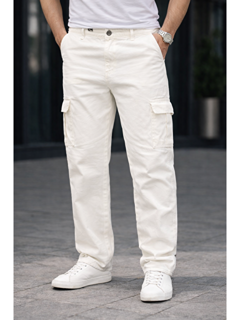 Comstar Erkek Trend Bol Paça Günlük Kargo Beyaz Baggy Pantolon