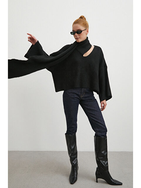 Never More Fitilli Şal Yaka Kazak Siyah - S000491330-19351