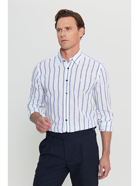 Altınyıldız Classics Erkek Beyaz-Lacivert Keten Slim Fit Dar Kesim Gizli Düğmeli Yaka Çizgili Gömlek