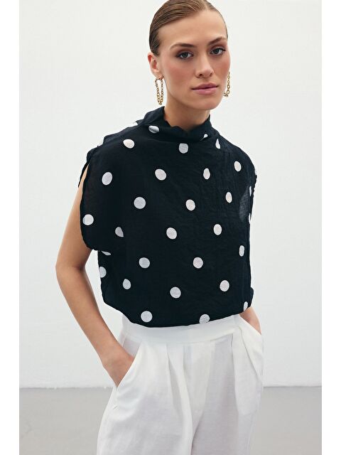 SATEEN Puantiye Desenli Bluz - Siyah