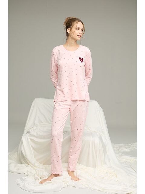 Siyah İnci Pembe Kalp Desenli Pamuklu Bisiklet Yaka Örme Pijama Takım25241127 - S000422897-20024