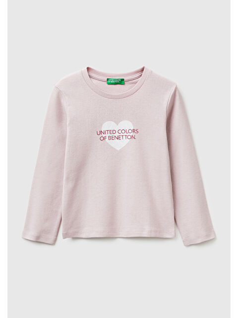 United Colors Of Benetton Kız Çocuk Simli Renkli Grafik Baskılı Yuvarlak Yaka Uzun Kollu T-Shirt - S000517293-23173