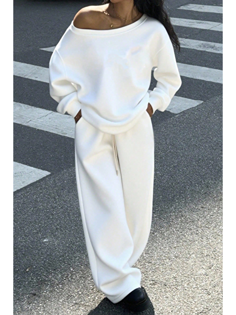 Tarz Cool Kadın Beyaz Düşük Omuz Yumuşak Basic Sweat Eşofman Takımı - S000478510-20063