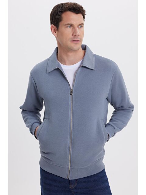 TUDORS Unisex Relax Fit Rahat Kesim Pamuklu İç Polarlı Fermuarlı Gri Polo Yaka Flato Cepli Sweatshirt Hırka - S000494293-20600