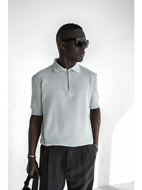 Abluka Online Erkek Yarım Fermuarlı Polo Yaka Triko Tişört Gri - S000362434-20600