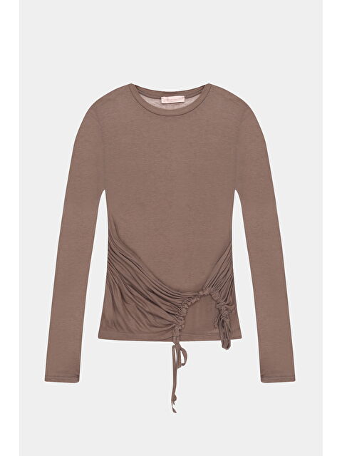 QUZU Yan Büzgülü Bağcıklı Transparan Bluz Bej - S000441780-19928