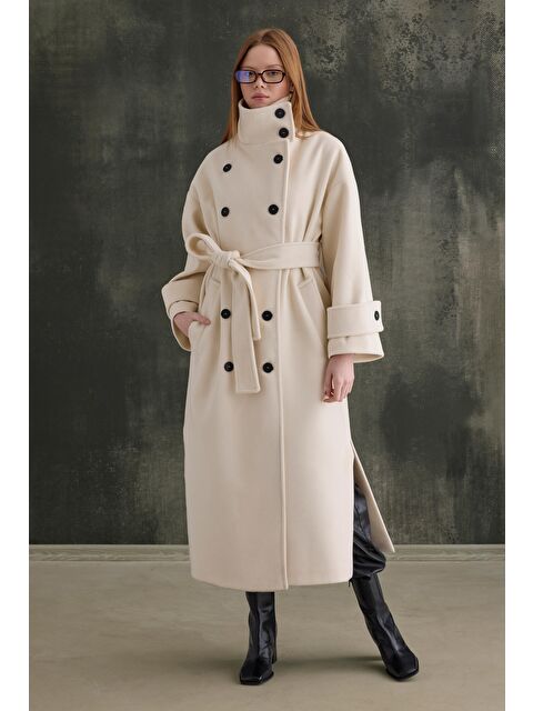 HE-QA Funnel Neck Uzun Kaban Ekru - S000471201-19965